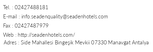 Seaden Quality Resort & Spa telefon numaralar, faks, e-mail, posta adresi ve iletiim bilgileri